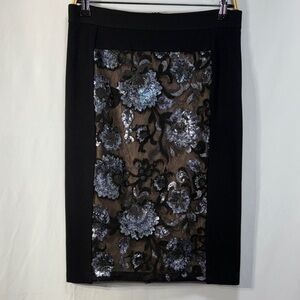 🍕BCBGMaxAzria Black and Gray Floral sequin Pencil Skirt full length back zipper